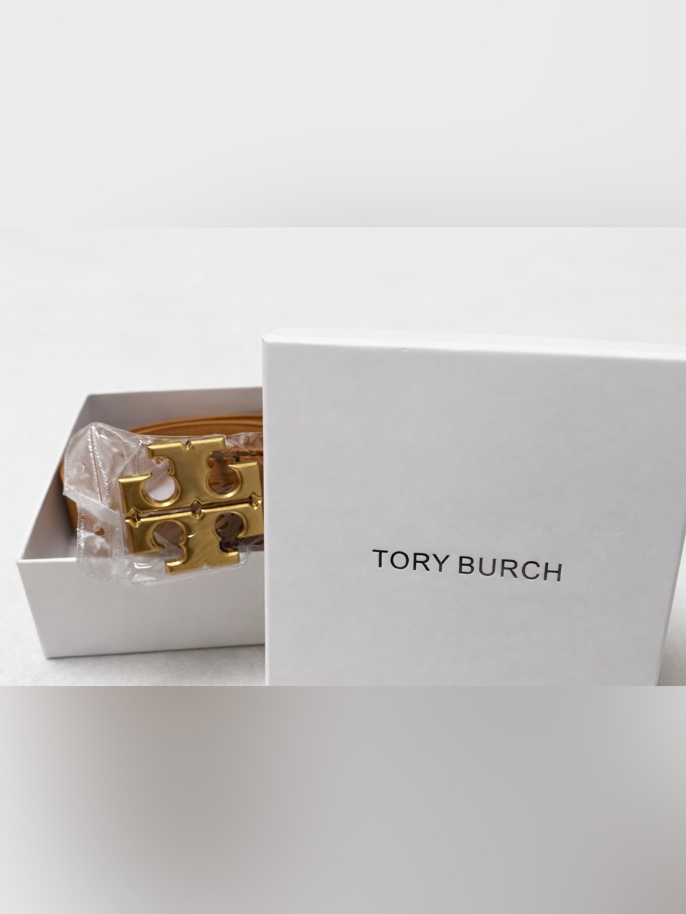Tory Burch Cognac Leather Belt with Gold Logo Buckle